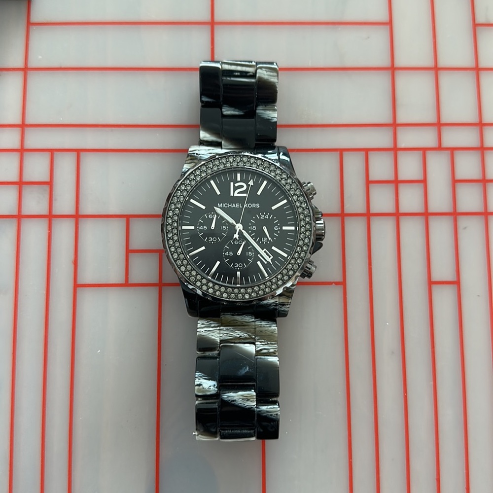 Michael Kors Madison Chronograph Glitz Zebra-print Acetate Ladies Watch MK5599